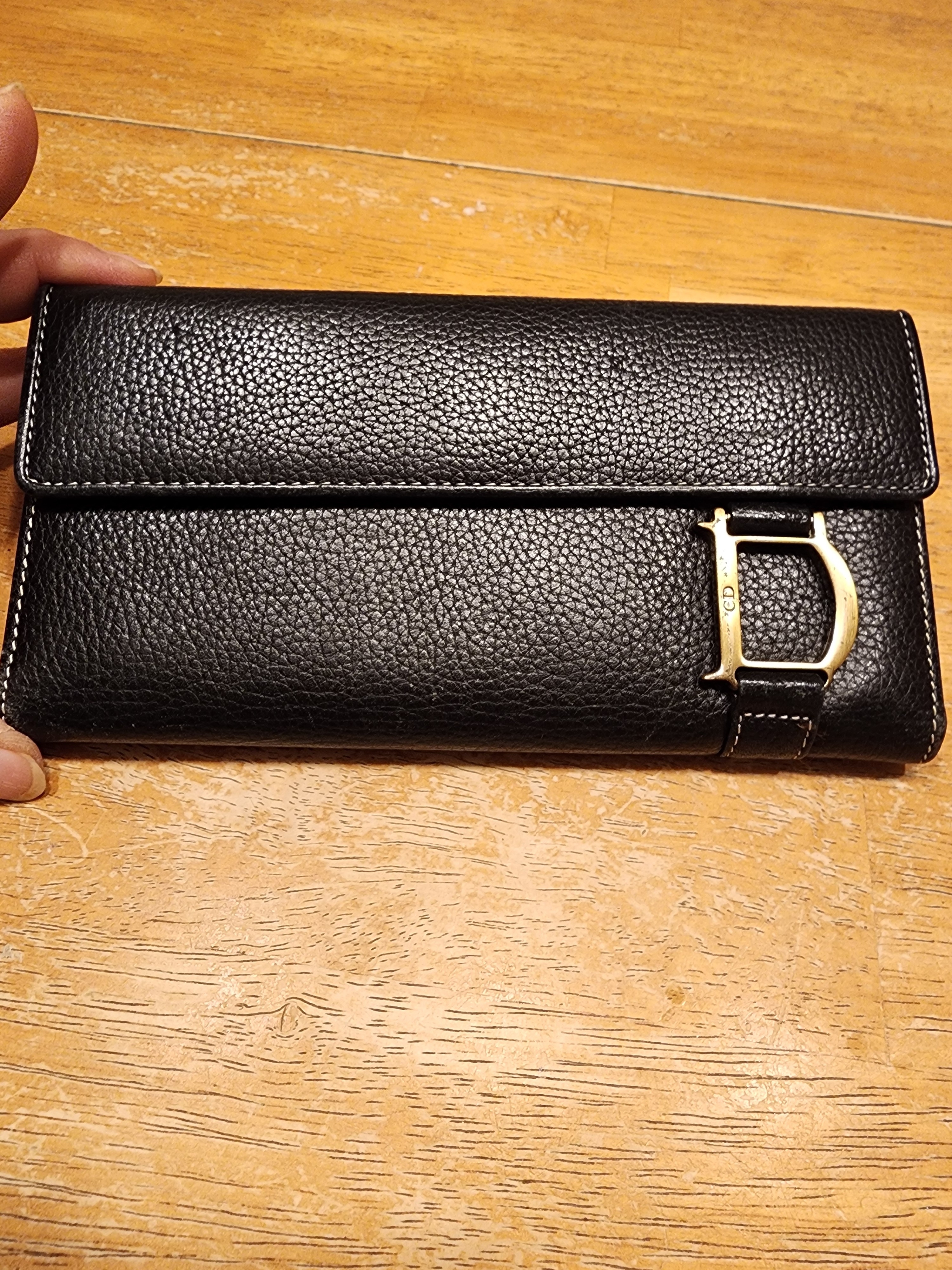 Black Christian Dior Pebbled Leather Trifold Long Wallet Featuring Gold-Tone "D"